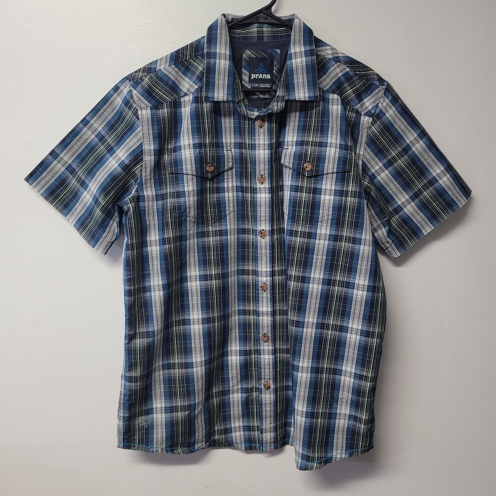 Prana Mens XL Blue Plaid Short Sleeve Button Down Shirt Organic Cotton Blend